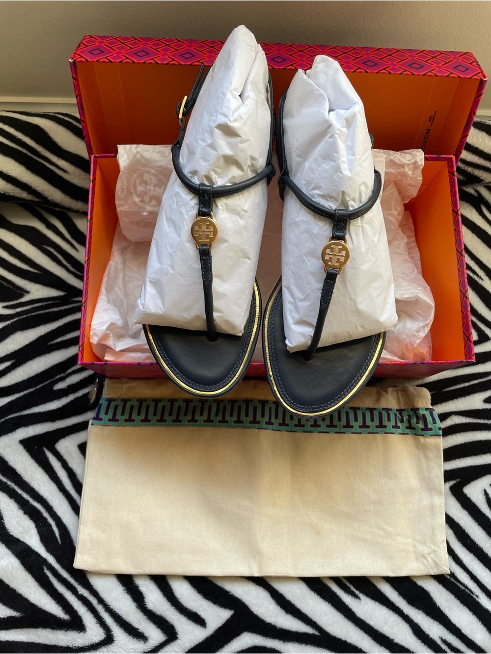 Tory Burch Emmy Flat Navy Blue Leather Sandals with Gold Logo Medallions